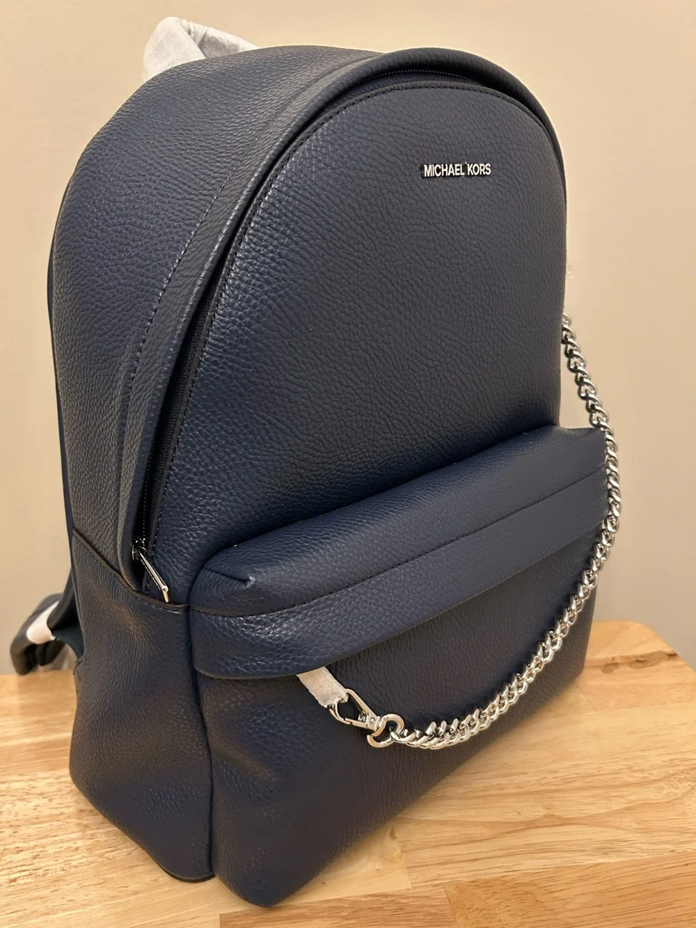 Michael Kors Navy Pebbled Leather Backpack with Silver Chain